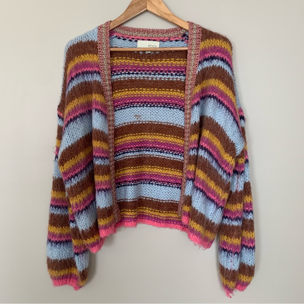 Women's Pinch Cardigan Striped Pink Brown Blue Size ML